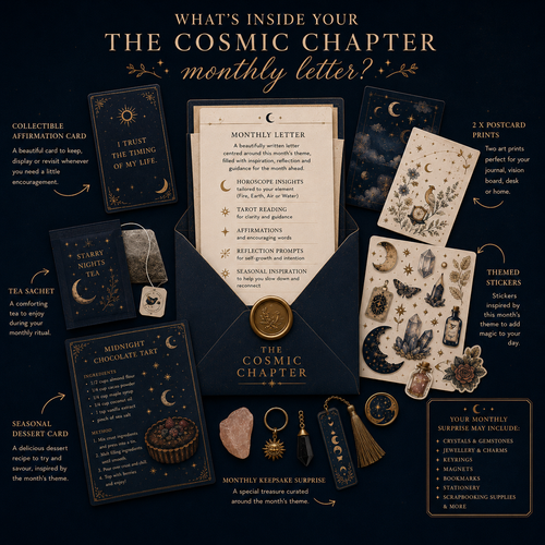 Promotional image of 'The Cosmic Chapter' monthly letter package with various items on a dark background.