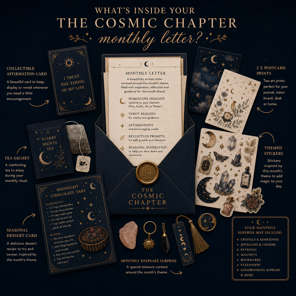 Promotional image of 'The Cosmic Chapter' monthly letter package with various items on a dark background.